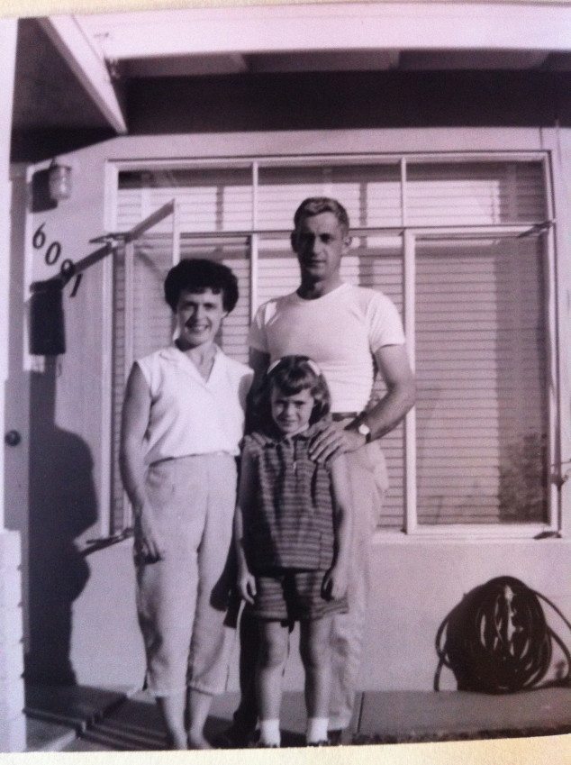 My Mom, Dad and me at the front of our little pink stucco house in La Mesa, CA - 1959