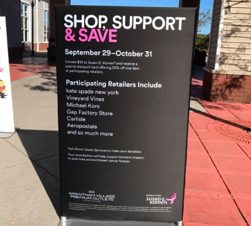 Simon Premium Outlets partnered with Susan G. Komen to help fight breast cancer.