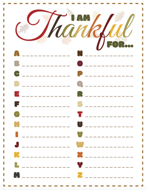 What I'm Thankful List for Thanksgiving. Alphabet Structure to come up with what your kids are Thankful For!