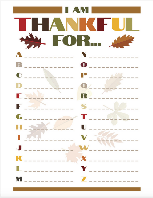 What I'm Thankful List for Thanksgiving. Alphabet Structure to come up with what your kids are Thankful For!