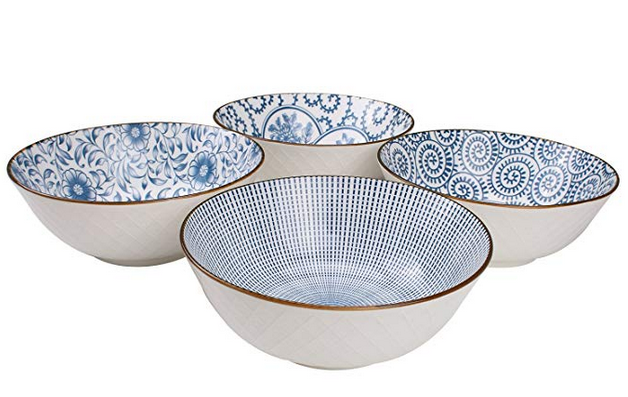 40-Ounce Large Blue and White Porcelain Soup,Salad,Pasta Serving, Pho Bowls, Assorted Floral Patterns, Stackable Deep Bowl Set of 4 