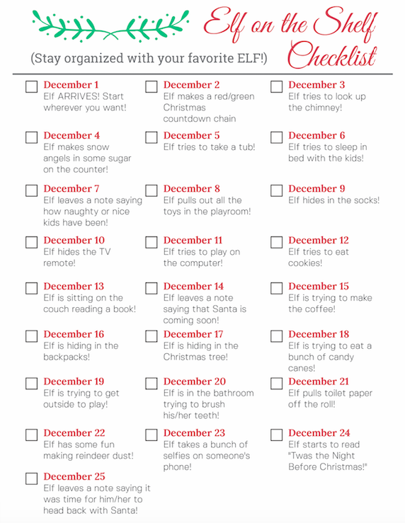 Elf on the Shelf Checklist