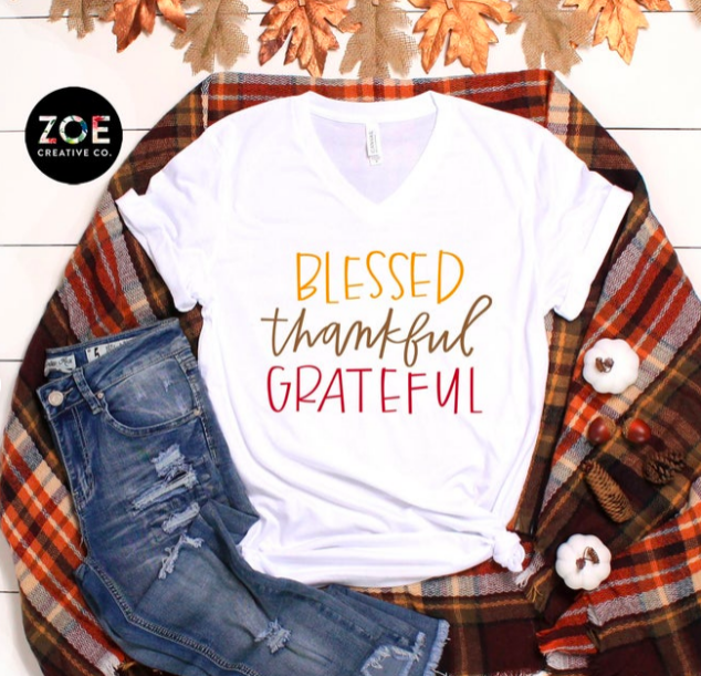 Blessed Thankful Grateful | Fall Shirts Women | Thankful Grateful Blessed Shirt | Cute Fall Shirts for Women Thanksgiving Shirt Graphic Tee 