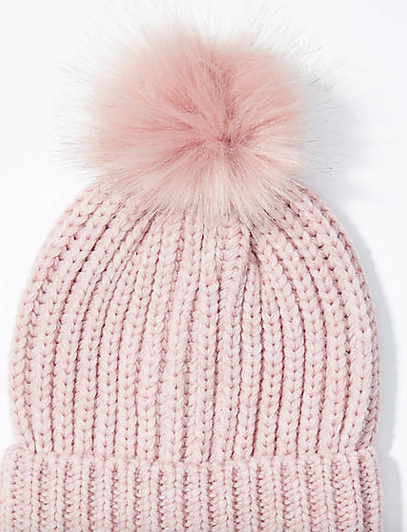 Ribbed Faux Fur Pom Pom Hat