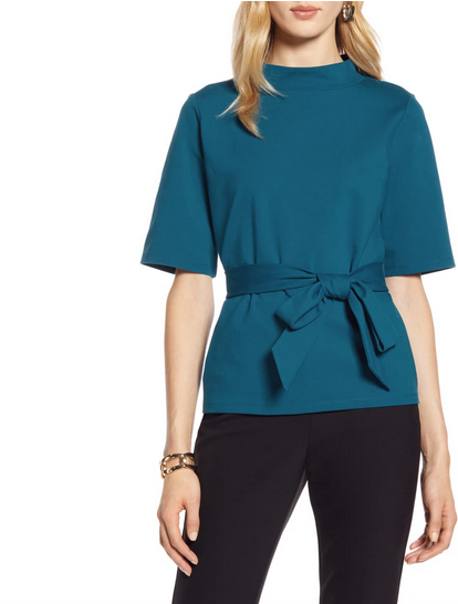 Halogen® Mock Neck Tie Waist Top 