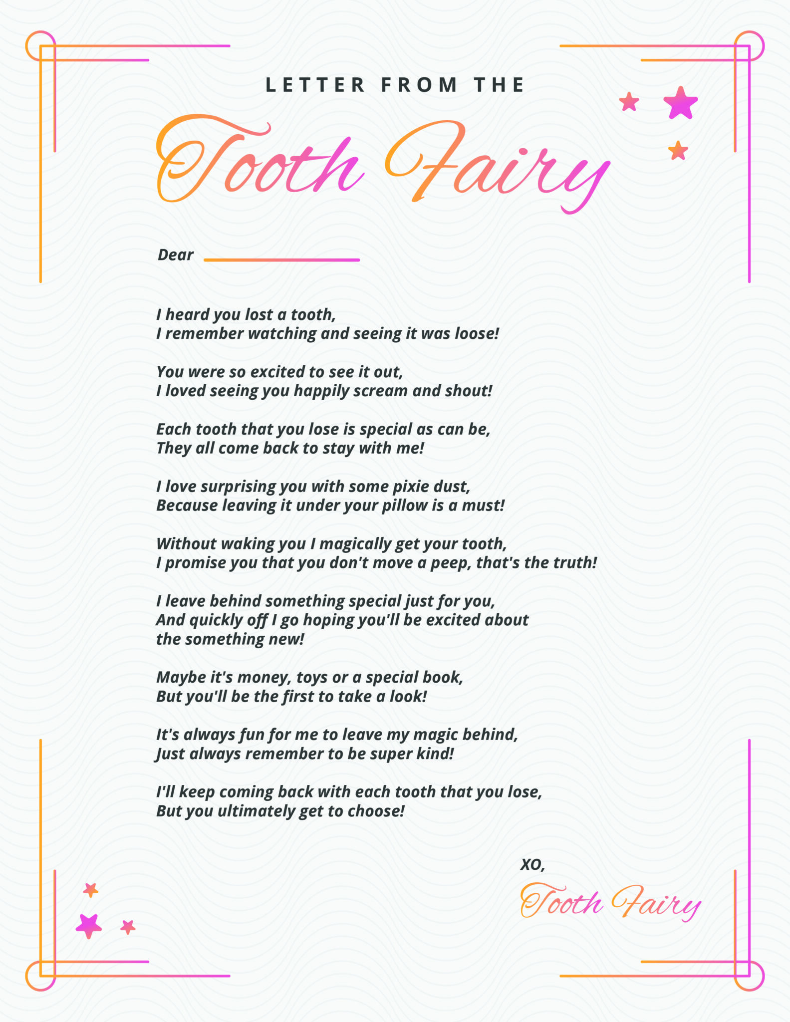 tooth fairy letter template editable