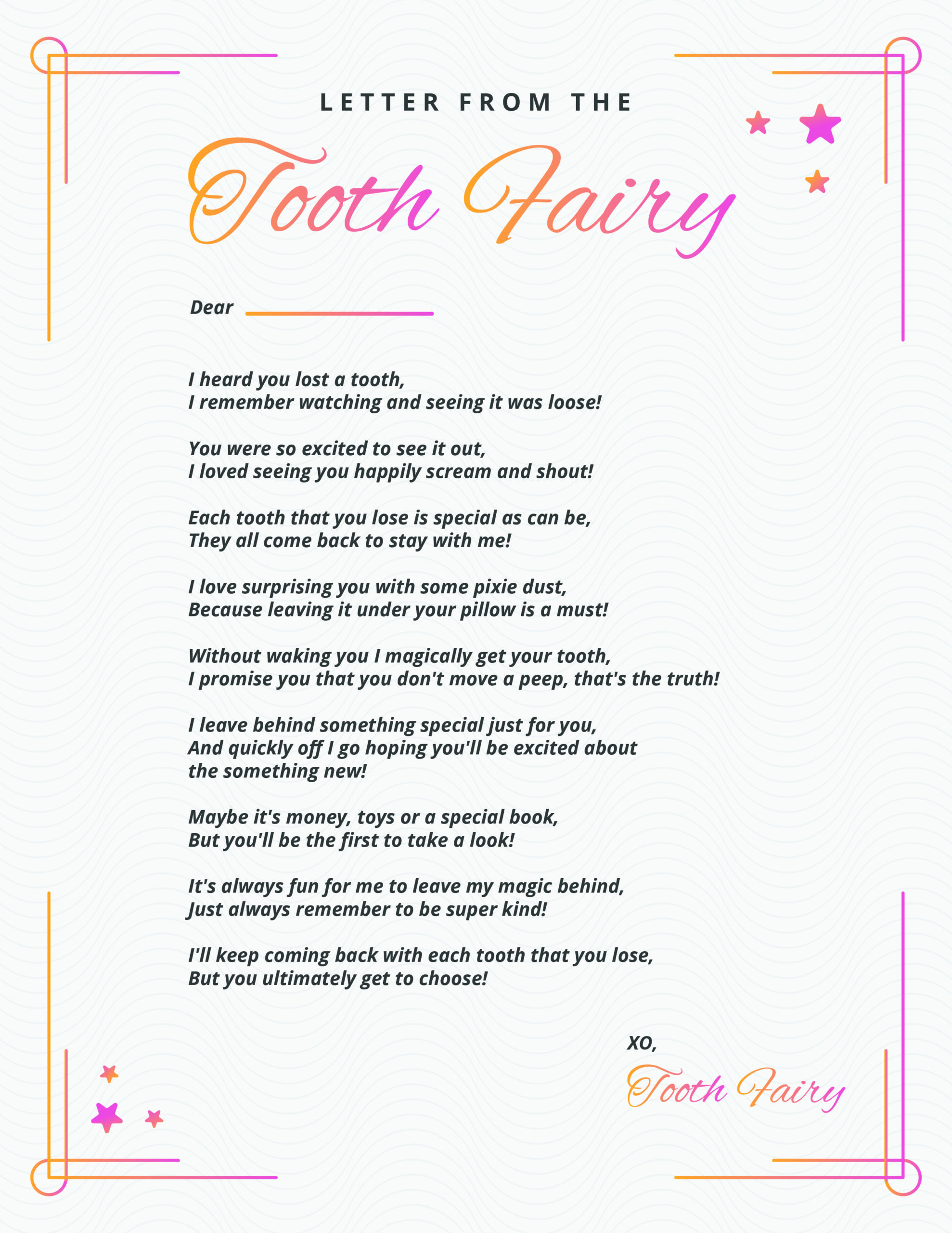 tooth fairy letter template green