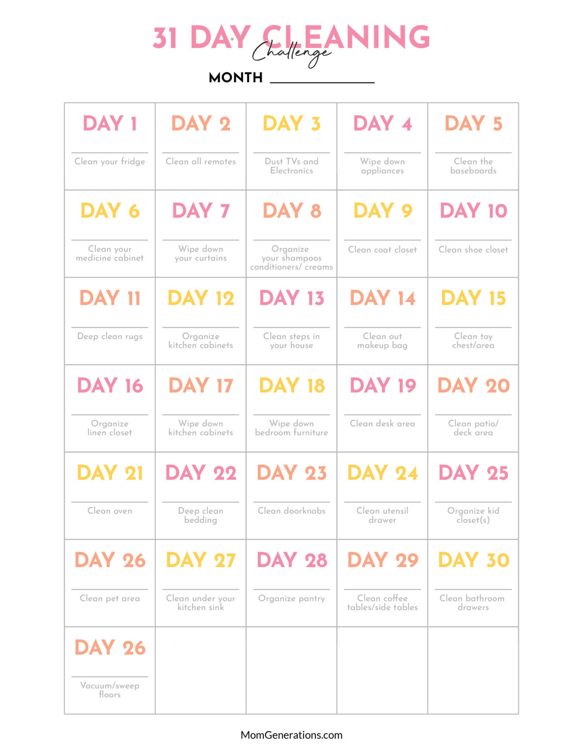 30 Day Cleaning Challenge - Mom Generations | Stylish Life for Moms