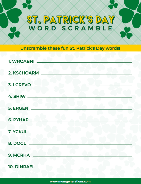 St. Patrick's Day Word Scramble - Stylish Life for Moms
