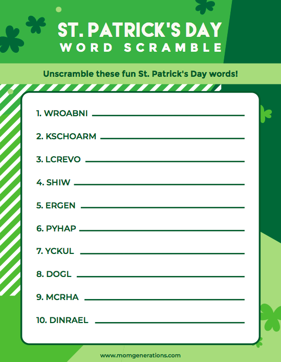 St. Patrick's Day Word Scramble for Kids