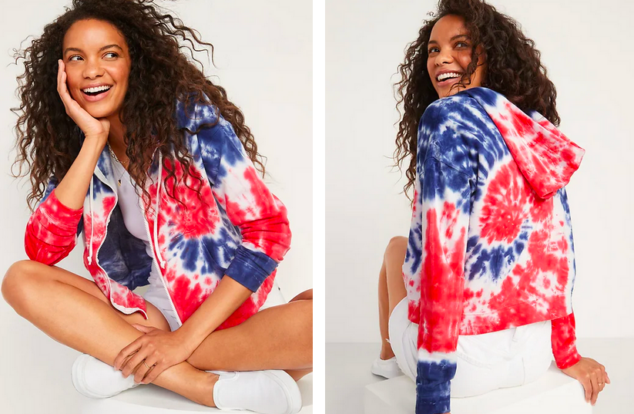 Full-length zipper from hem to neck. Kangaroo pocket. Rib-knit hem. Soft-washed, lightweight fleece, with Americana-inspired red, white & blue tie-dye pattern.