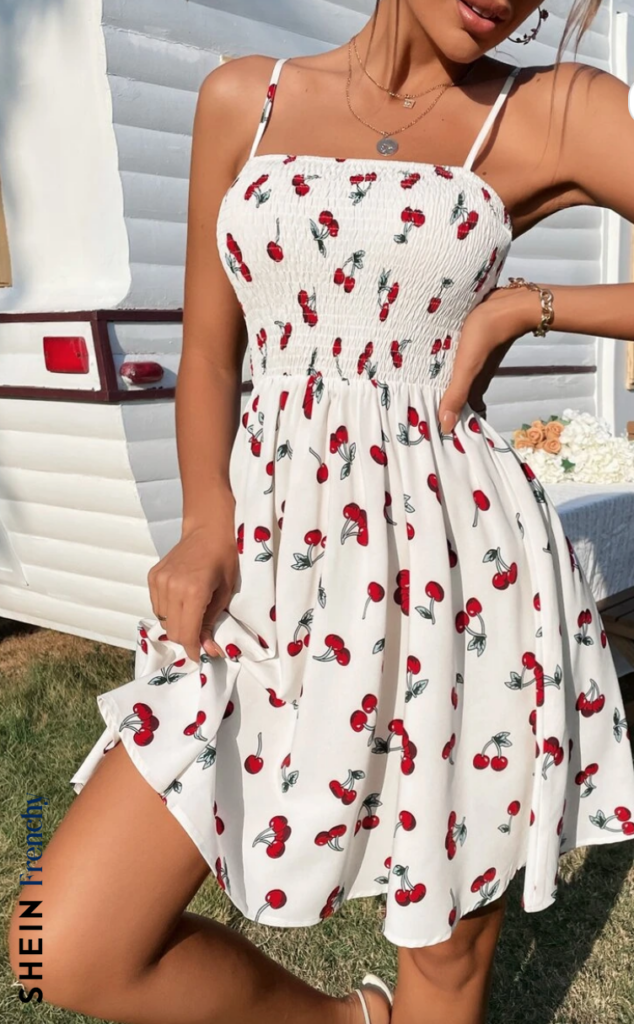 SHEIN Frenchy Cherry Print Shirred Cami Dress 