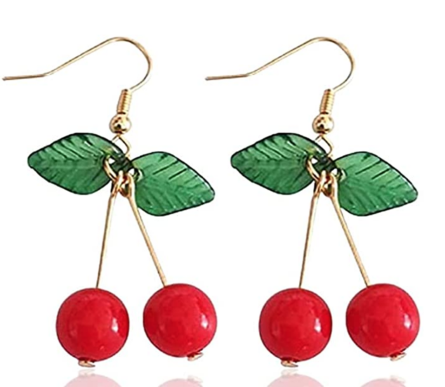 Gold Plated Sweety Fruit Green Leaf Red Cherry Charm Women Girls Dangle Earring 