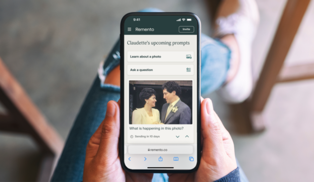 iPhone showing a photo of a couple and Remento details